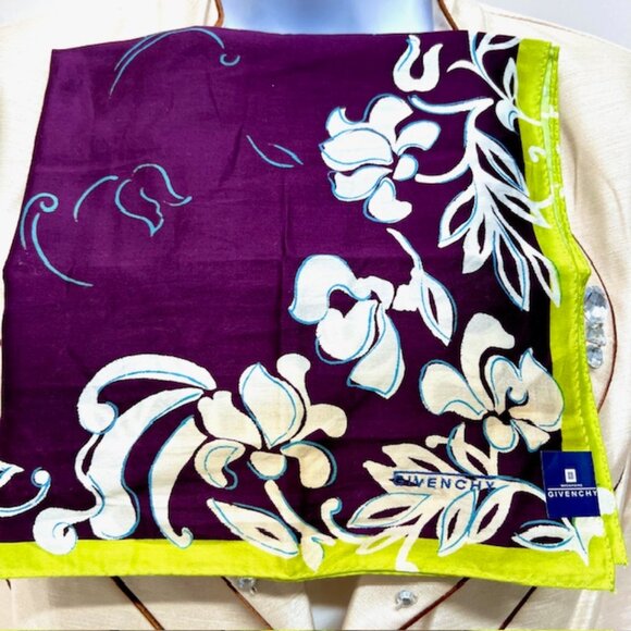 New  Givenchy Mini Scarf cotton 19.5"  brown green white color floal printed(94 - Picture 2 of 7